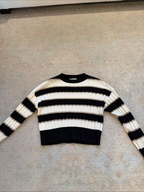 Mango Black & Cream Striped Ribbed Crewneck Sweater